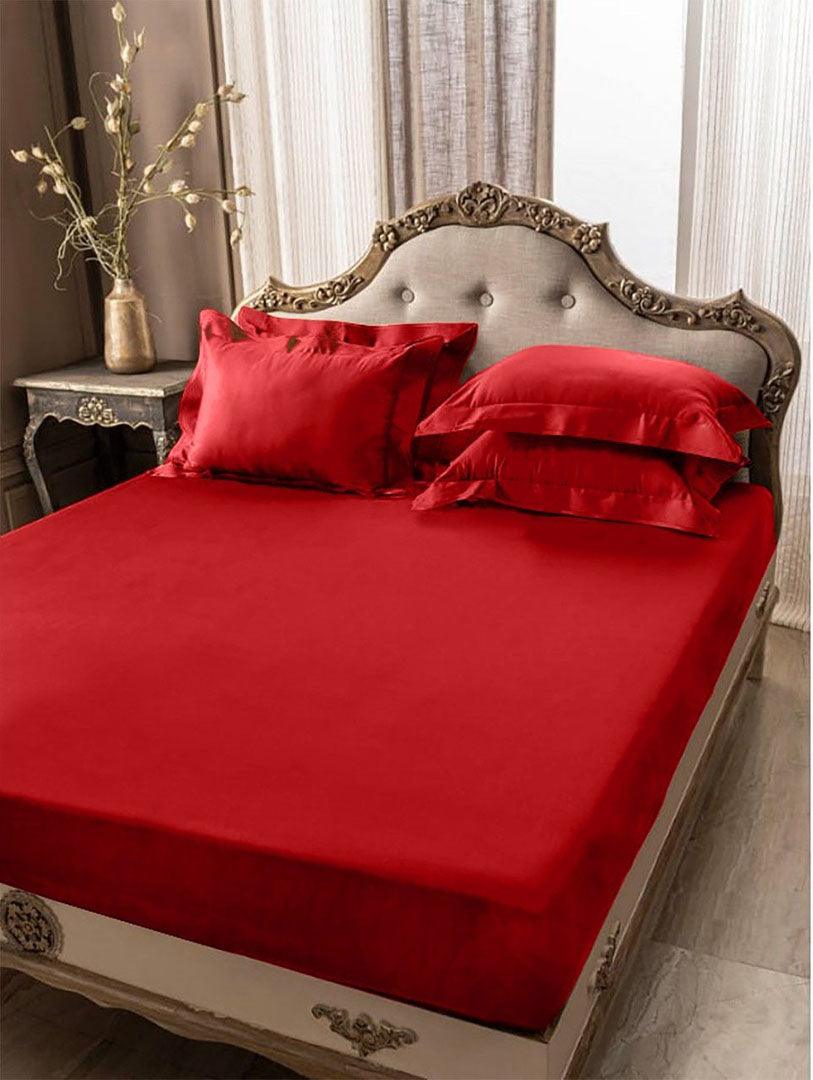 5 PCs Fitted Sheet Red with Pillow cover - 92Bedding
