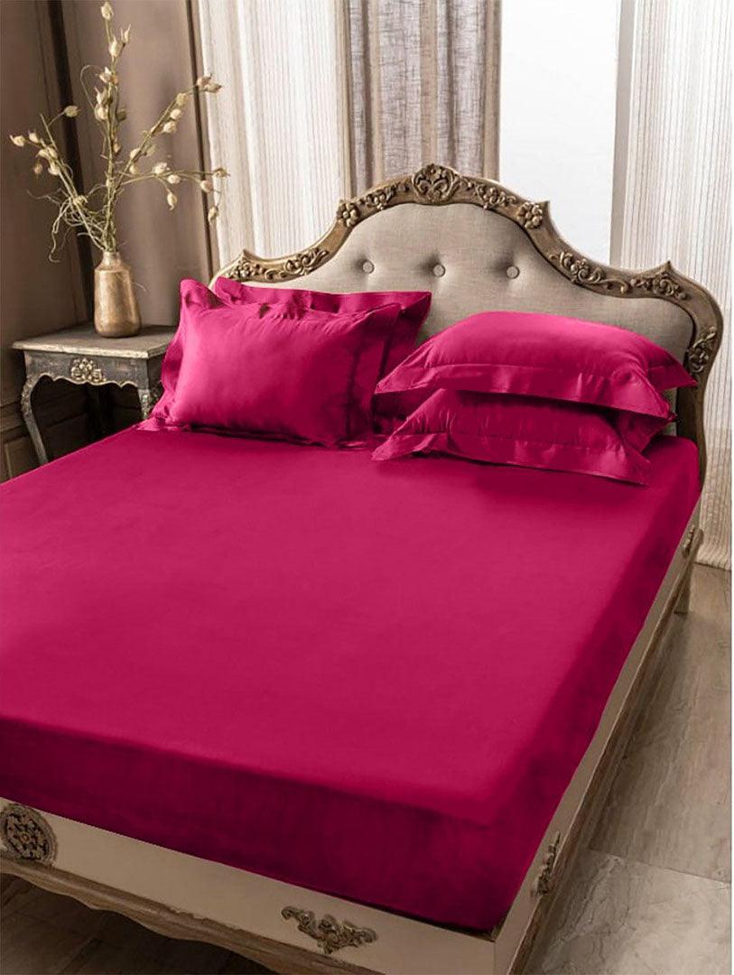 5 PCs Fitted Sheet Shocking pink with Pillow cover - 92Bedding