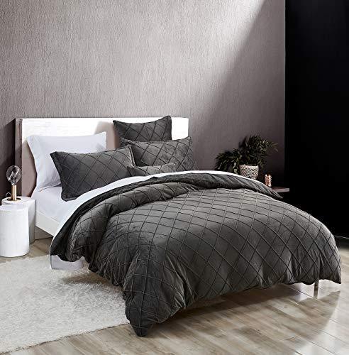 8 Pc's Velvet Cross Pleated Duvet Set - Charcoal - 92Bedding