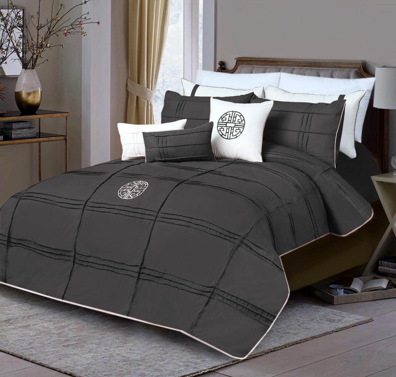 9 Pc's Pleated Embroidered & Corded Duvet Dark Grey - 92Bedding