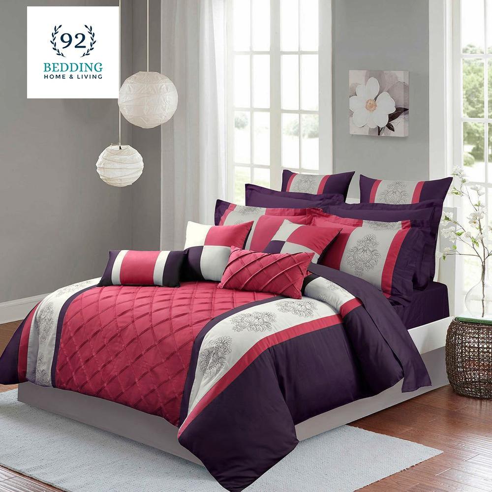 Purple And Pink Embroided Pleated Duvet Set - 92Bedding