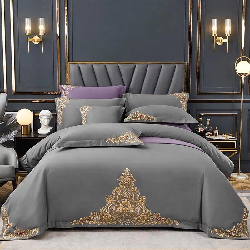 Mariana Centered Embroidered Motif Duvet Cover Set Coffee Grey - 92Bedding