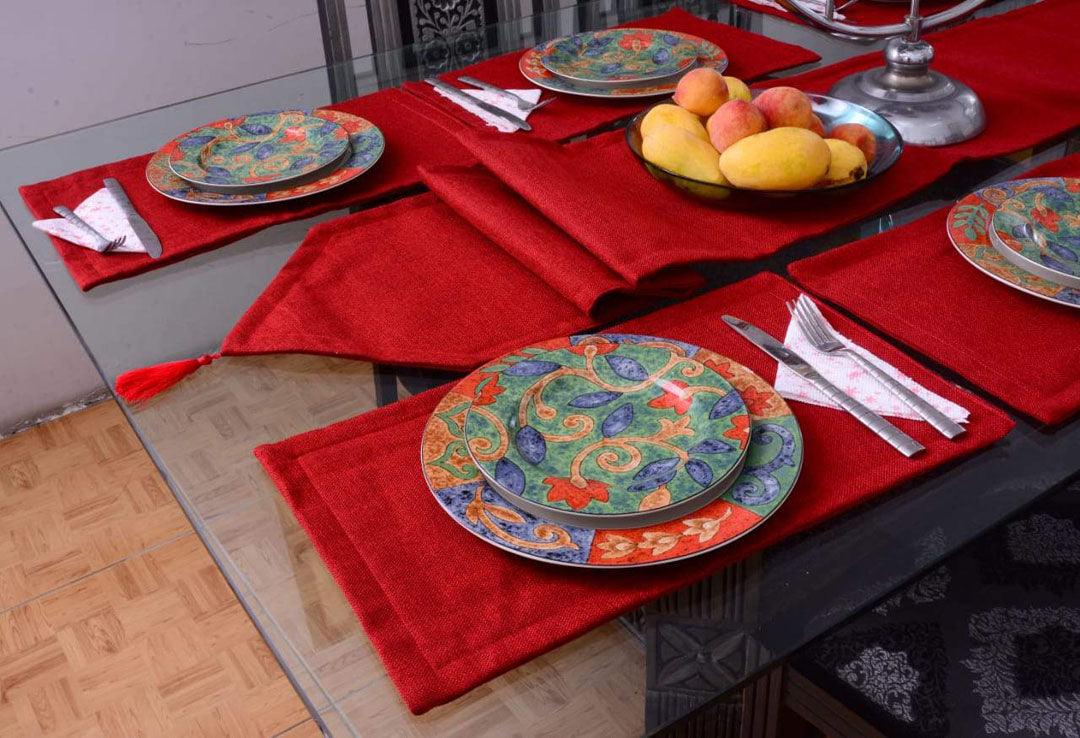 7 pcs Jutte Red Table Runner Set With Place Mats - 92Bedding