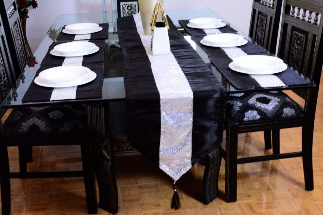 7 pcs Silk Black Table Runner Set With Place Mats - 92Bedding
