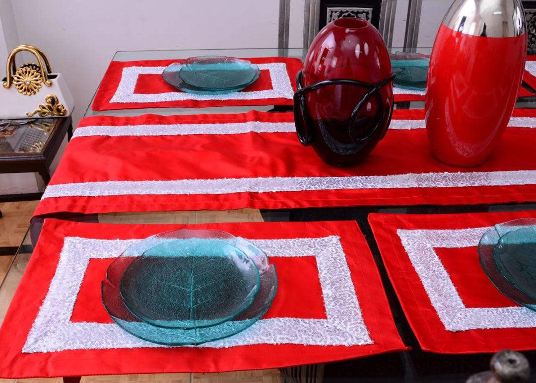 7 pcs Silk Red Table Runner Set With Place Mats - 92Bedding
