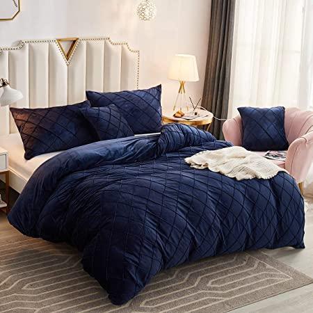 8 Pc's Velvet Cross Pleated Duvet Set - Navy - 92Bedding