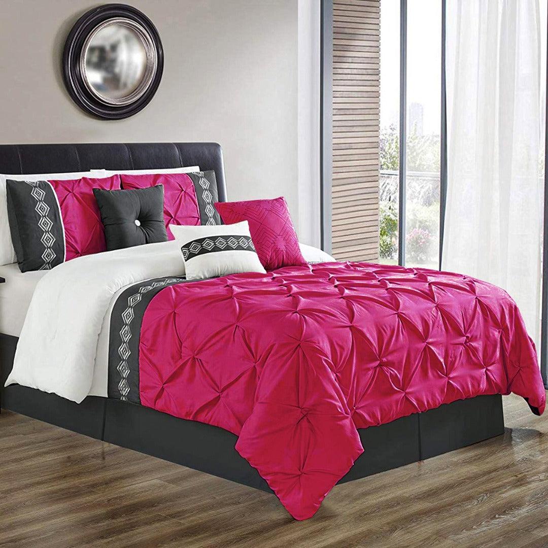 8 Pcs Pintuck Embroidered Duvet Set - Shocking Pink - 92Bedding