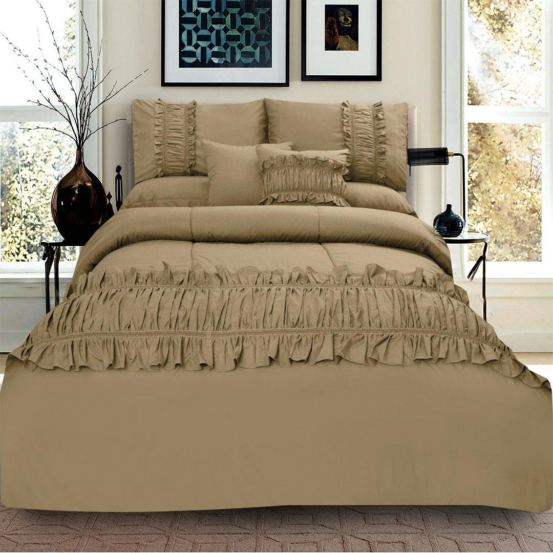 8 Pcs Ruffled Comforter Set - Beige - 92Bedding