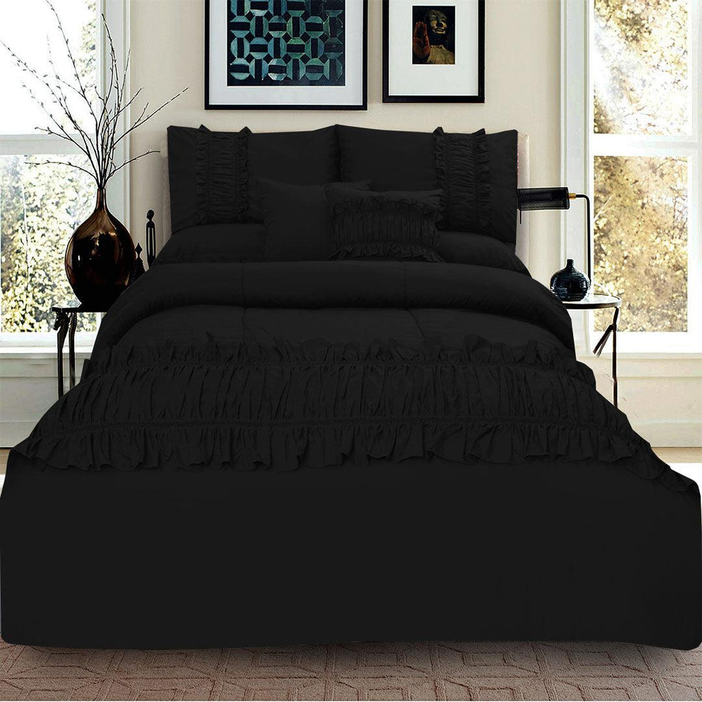 8 Pcs Ruffled Comforter Set - Black - 92Bedding