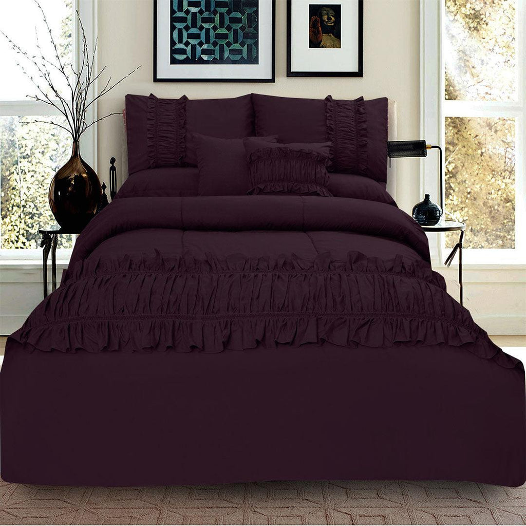 8 Pcs Ruffled Comforter Set - Burgundy - 92Bedding