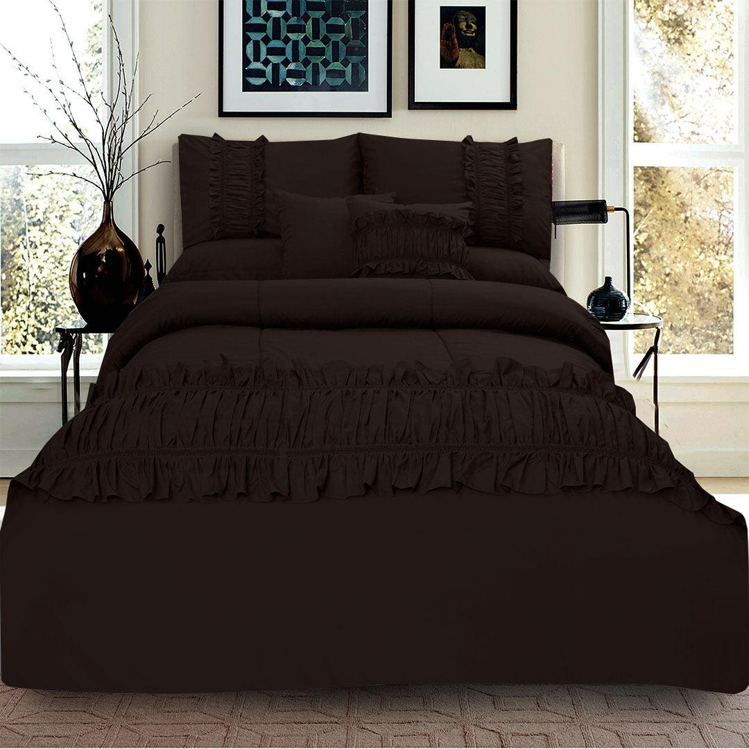 8 Pcs Ruffled Comforter Set - Chocolate - 92Bedding