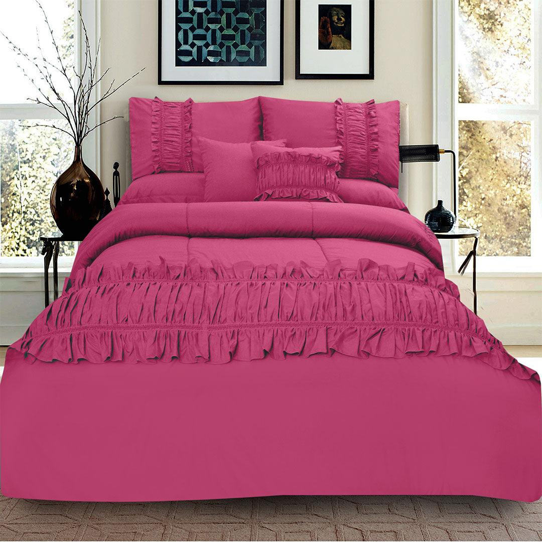 8 Pcs Ruffled Comforter Set - Fuschia - 92Bedding