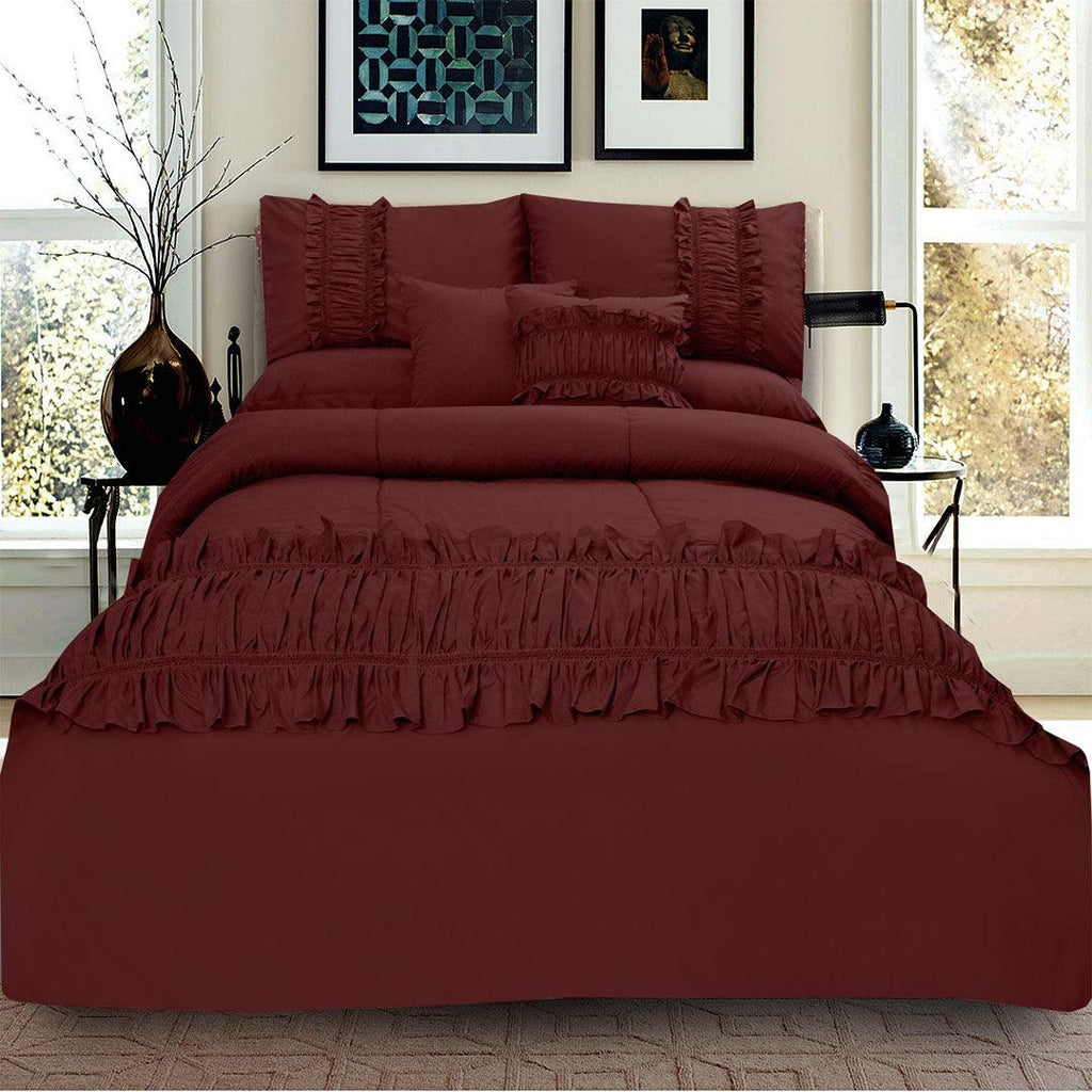 8 Pcs Ruffled Comforter Set - Maroon - 92Bedding