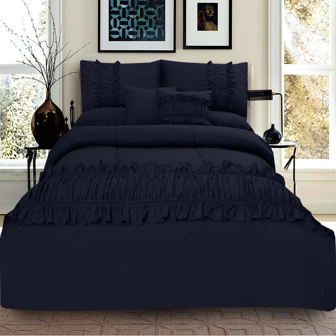 8 Pcs Ruffled Comforter Set - Navy Blue - 92Bedding