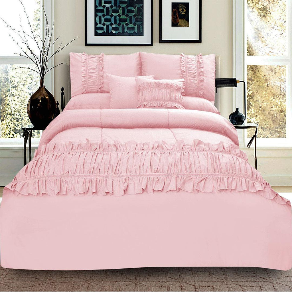 8 Pcs Ruffled Comforter Set - Pink - 92Bedding