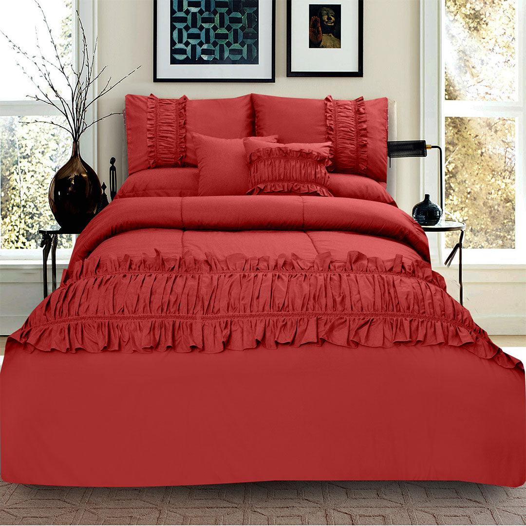 8 Pcs Ruffled Comforter Set - Red - 92Bedding