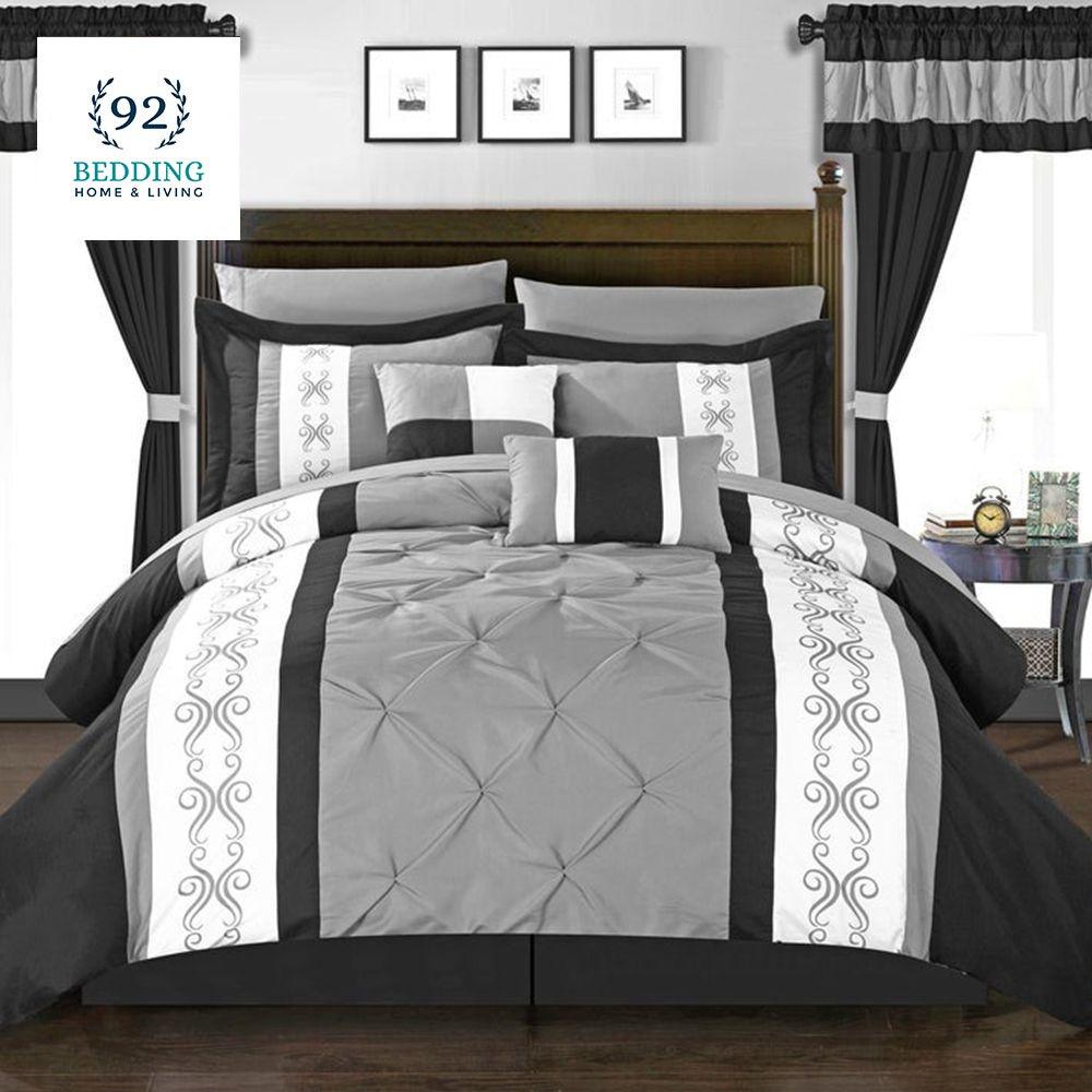 Grey And Black Embroided Pintuck Duvet Set - 92Bedding