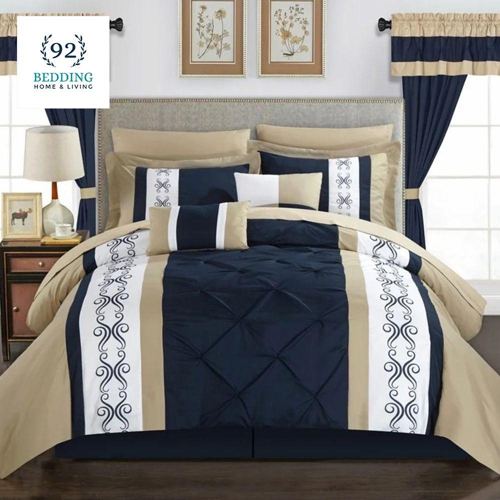 Beige And Navy Embroided Pintuck Duvet Set - 92Bedding