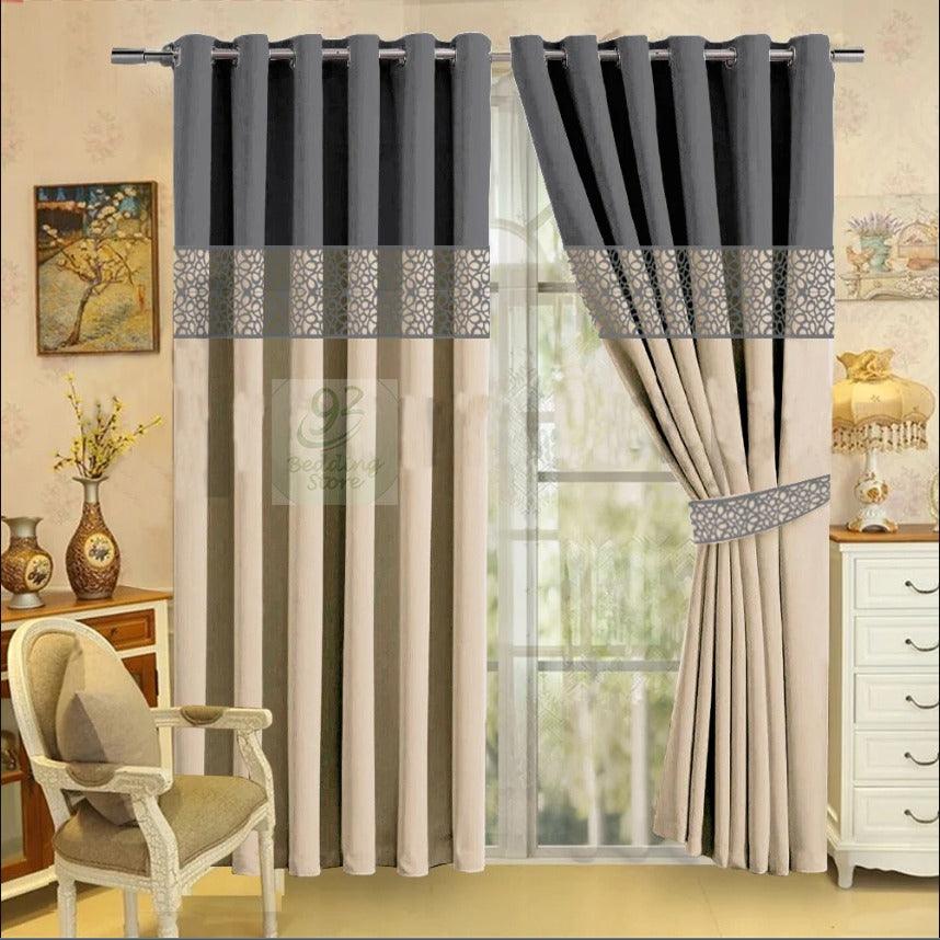 2 Pc's Luxury Velvet Embroidered Curtains Double Shaded With 2 Belts 42 - 92Bedding