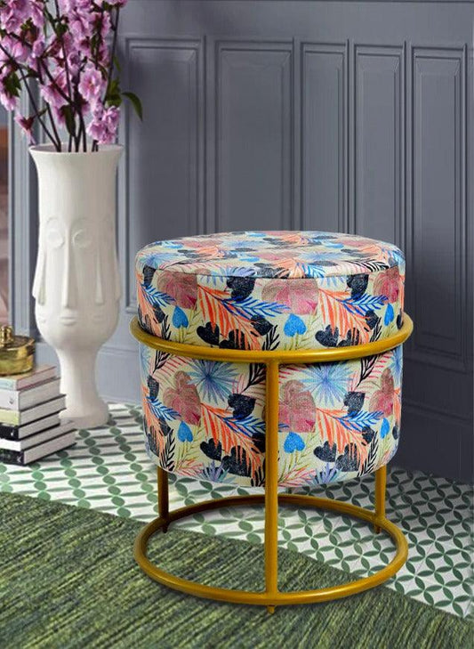 Luxury Wooden Round stool Printed Velvet With Steel Stand -1196 - 92Bedding