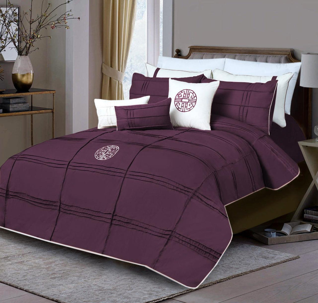 9 Pc's Pleated Embroidered & Corded Duvet Purple - 92Bedding