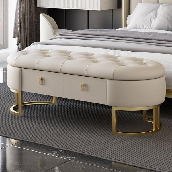 Modern Beige Bedroom Storage Tufted Bench with 2 Drawers in Leather Upholstery -1228 - myhomestyle.pk