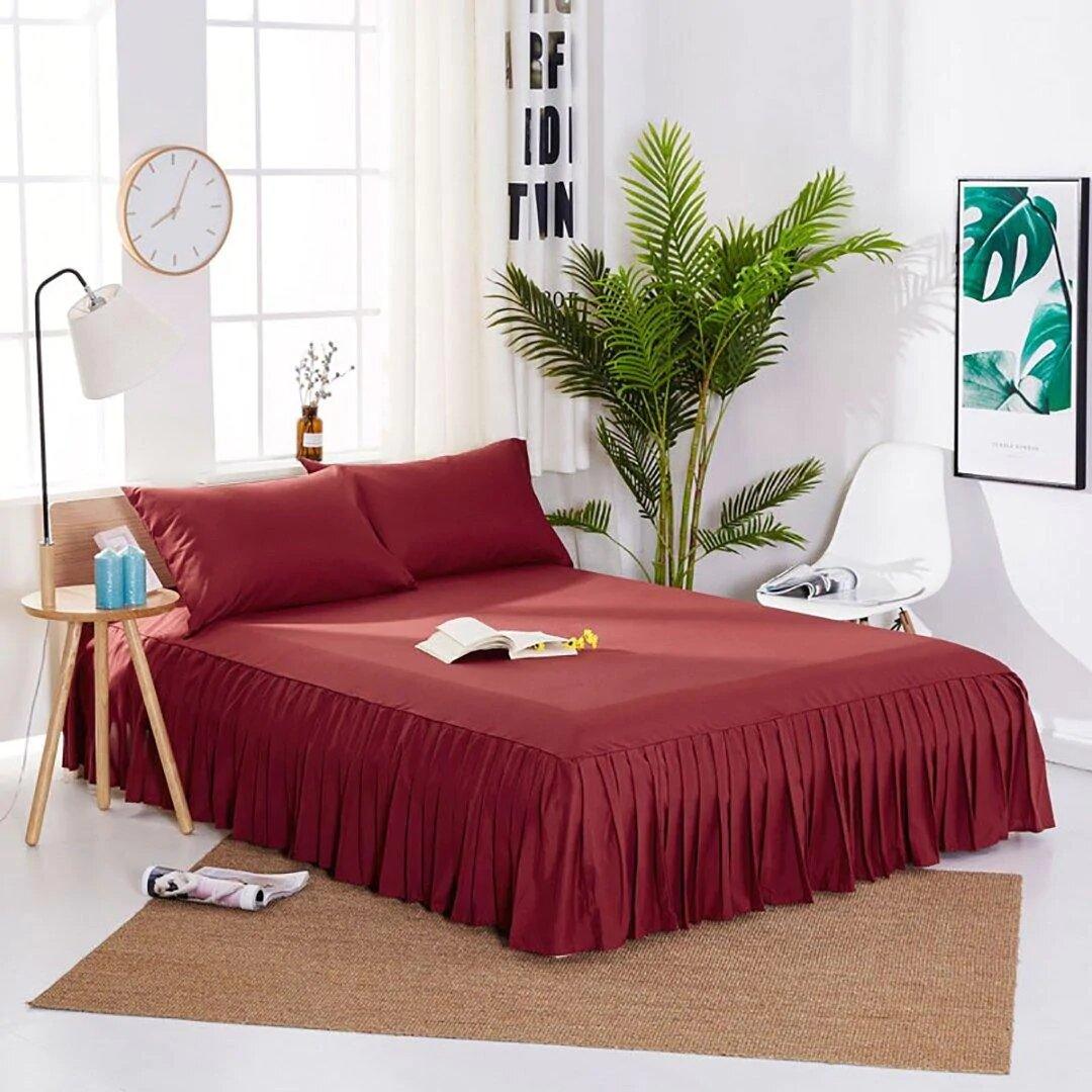 3 PCs Fitted Bed skirt with Pillow cover Red - 92Bedding
