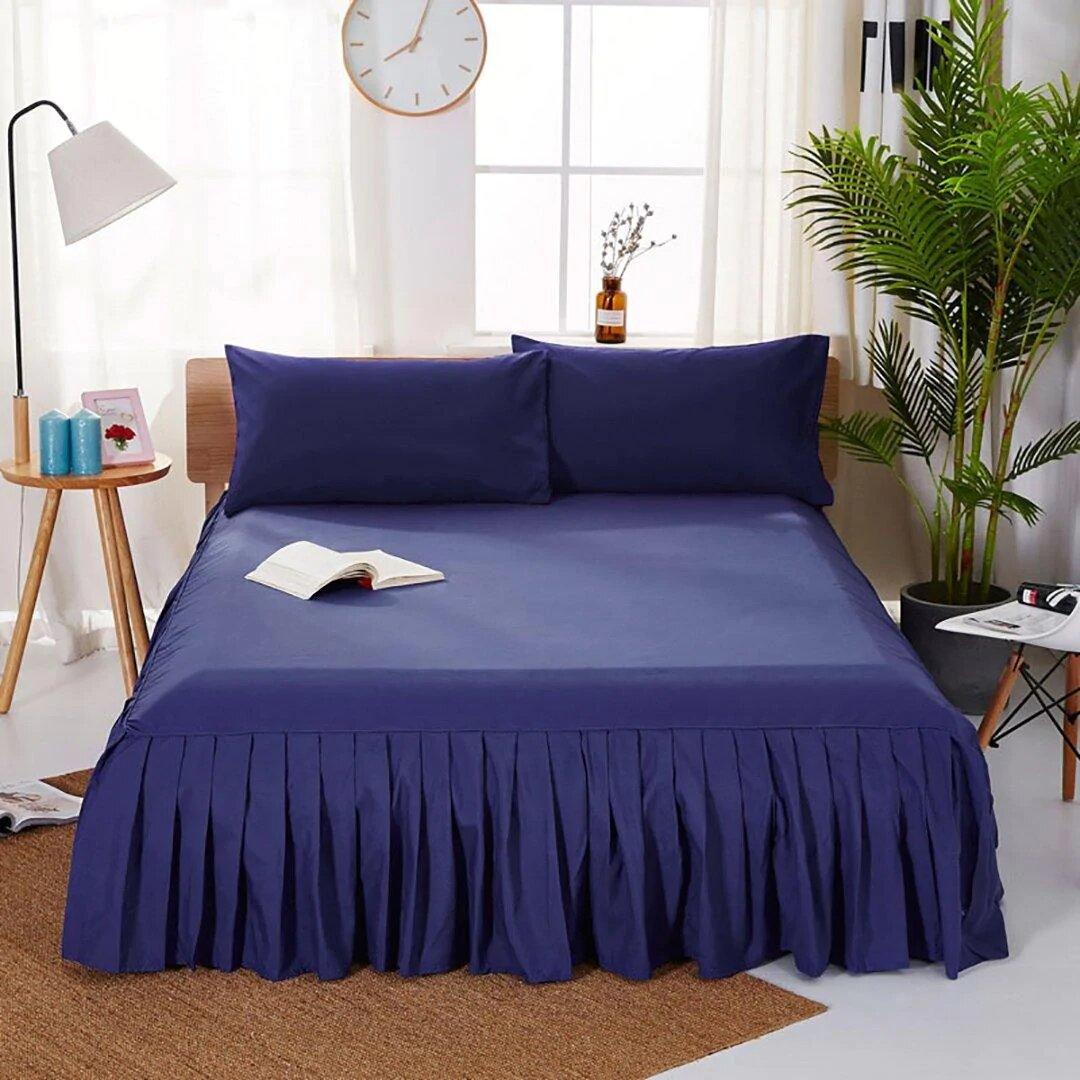 3 PCs Fitted Bed skirt with Pillow cover Navy - 92Bedding