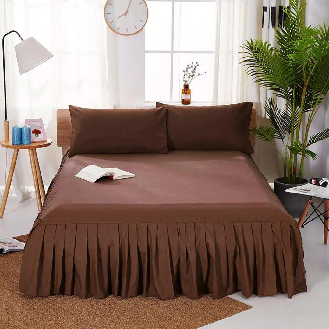 3 PCs Fitted Bed skirt with Pillow cover Brown - 92Bedding