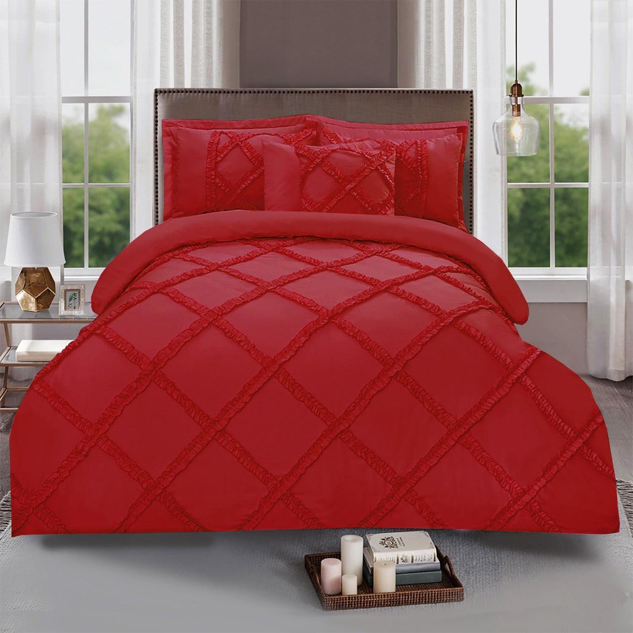 8 Pc's Ruffled Cross Pleated Duvet Set Red - 92Bedding