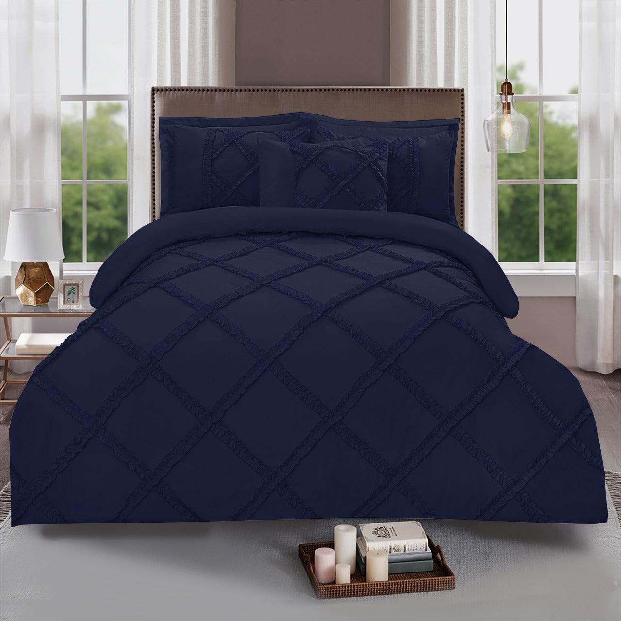 8 Pc's Ruffled Cross Pleated Duvet Set Navy - 92Bedding