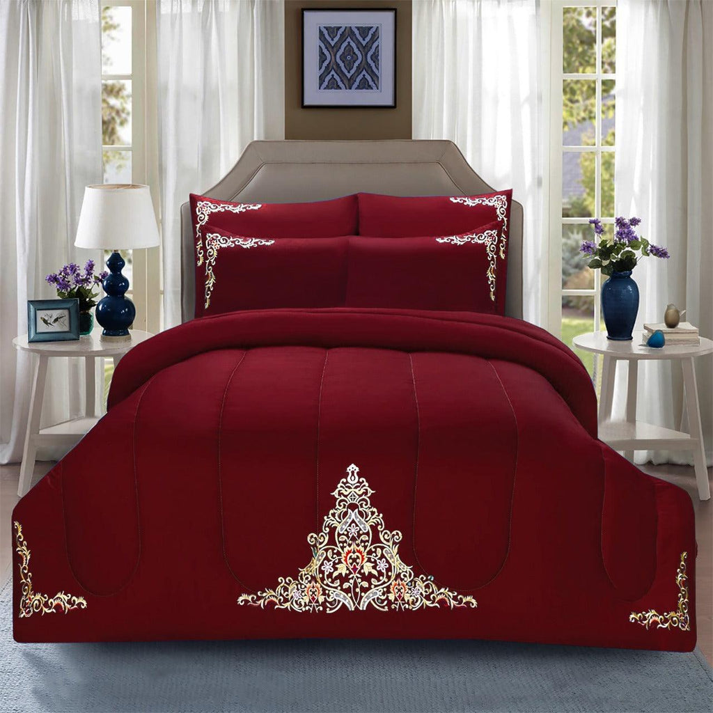 Luxury 6 Pcs Marina Embroidered Comforter Set Maroon - 92Bedding