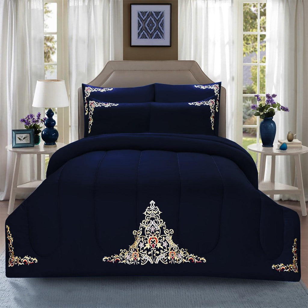 Luxury 6 Pcs Marina Embroidered Comforter Set Navy - 92Bedding