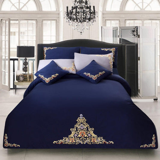 Mariana Centered Embroidered Motif Duvet Cover Set Navy - 92Bedding