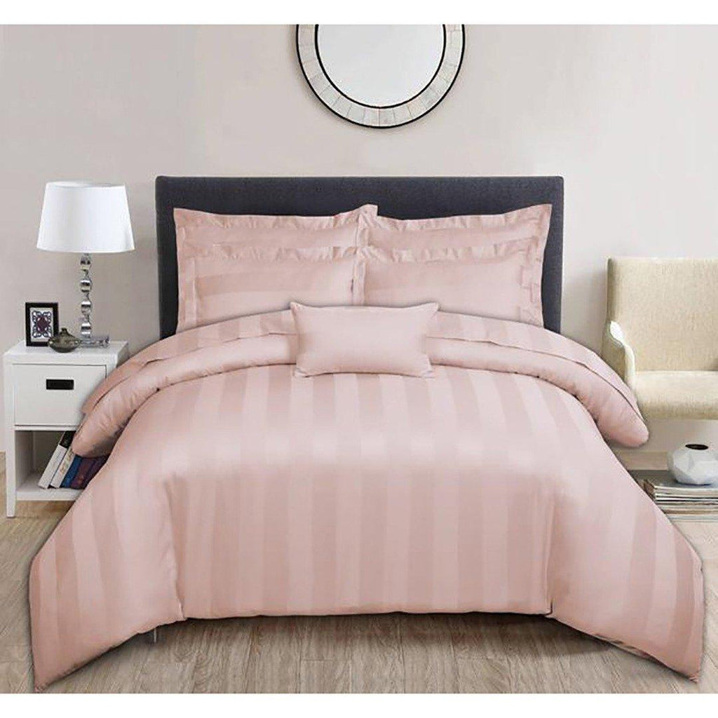 6 Pcs Luxury Baby Pink Satin Stripe Duvet Set - 92Bedding