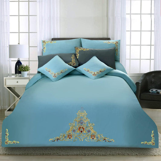 Mariana Centered Embroidered Motif Duvet Cover Set Sky Blue & Grey - 92Bedding