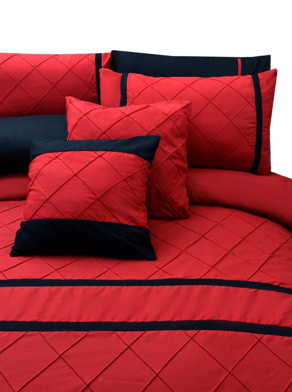 8 Pcs Red & Black Pinch Pleated Duvet Set - 92Bedding