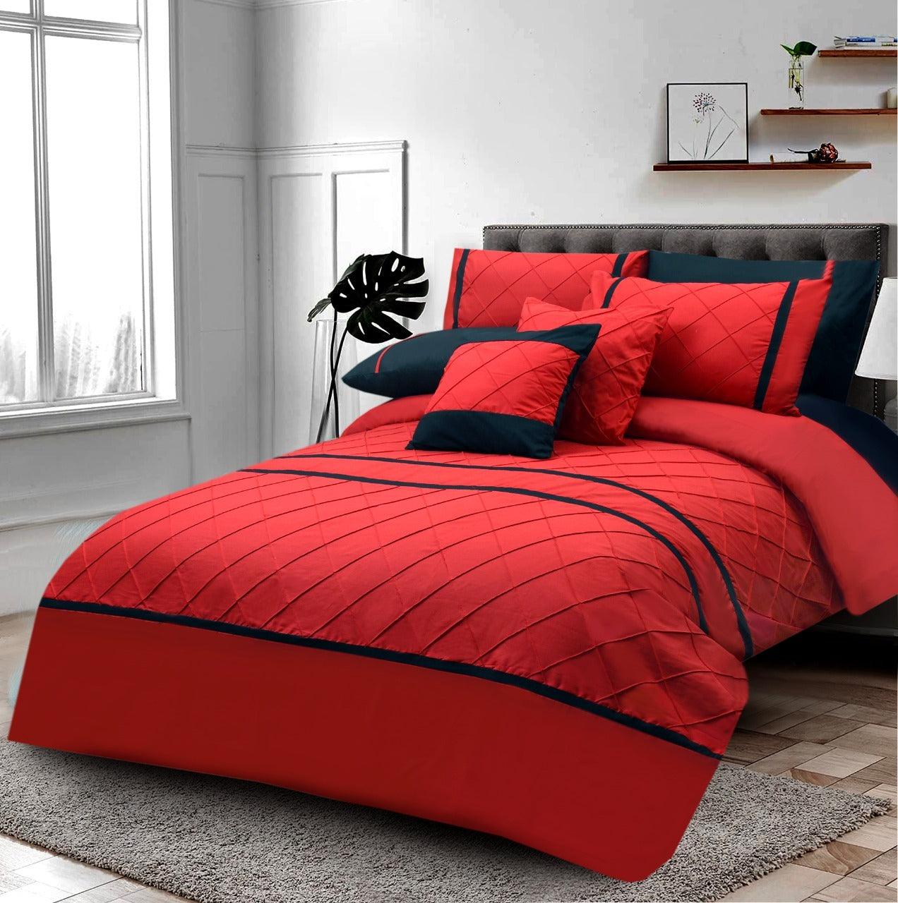 8 Pcs Red & Black Pinch Pleated Duvet Set - 92Bedding