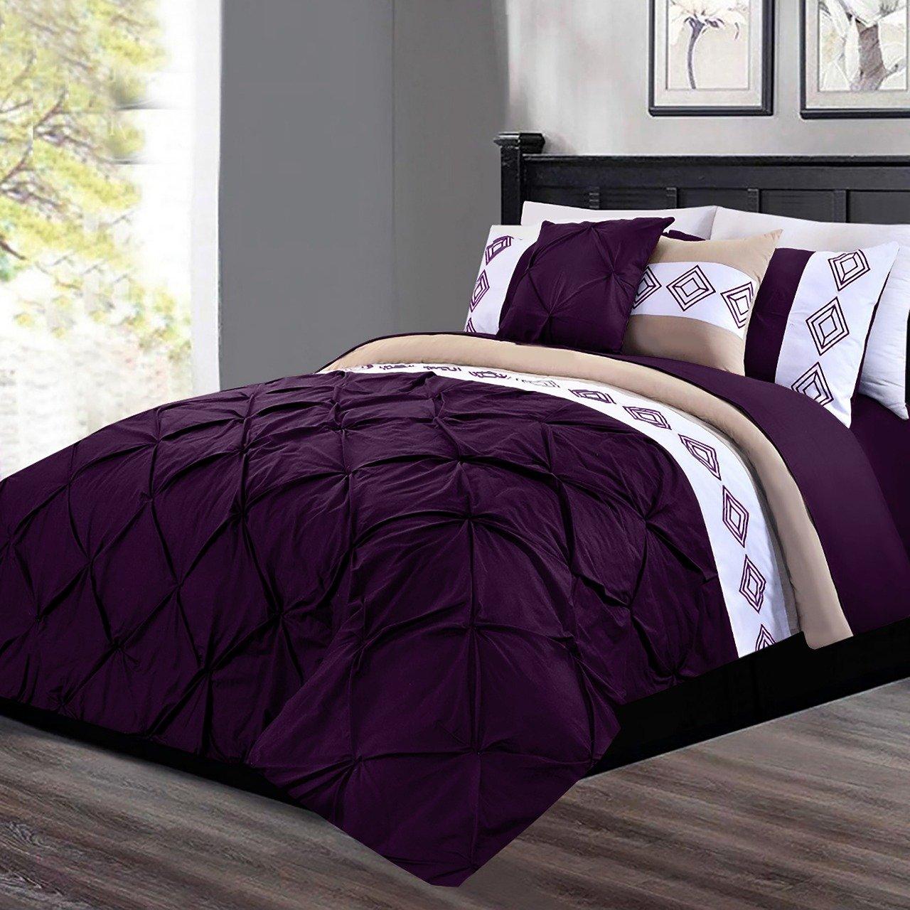 8 Pc's Luxury Embroidered Bedspread Purple With Light Filling - 92Bedding