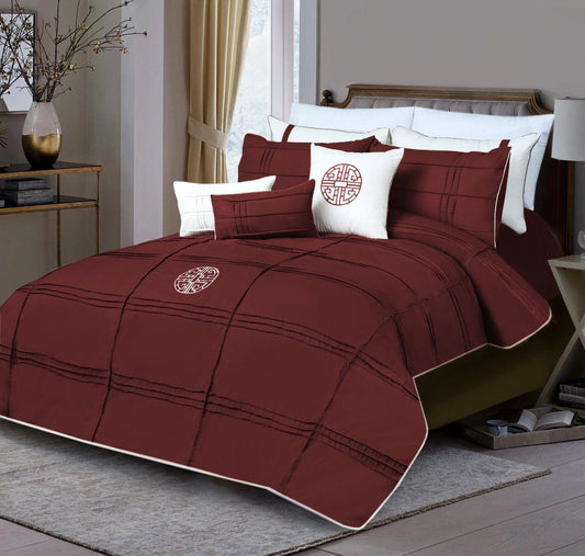 9 Pc's Pleated Embroidered & Corded Duvet Maroon - 92Bedding