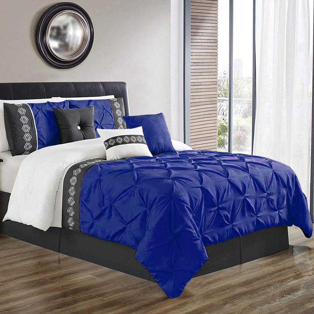 8 Pcs Pintuck Embroidered Duvet Set - Royal Blue 02 - 92Bedding