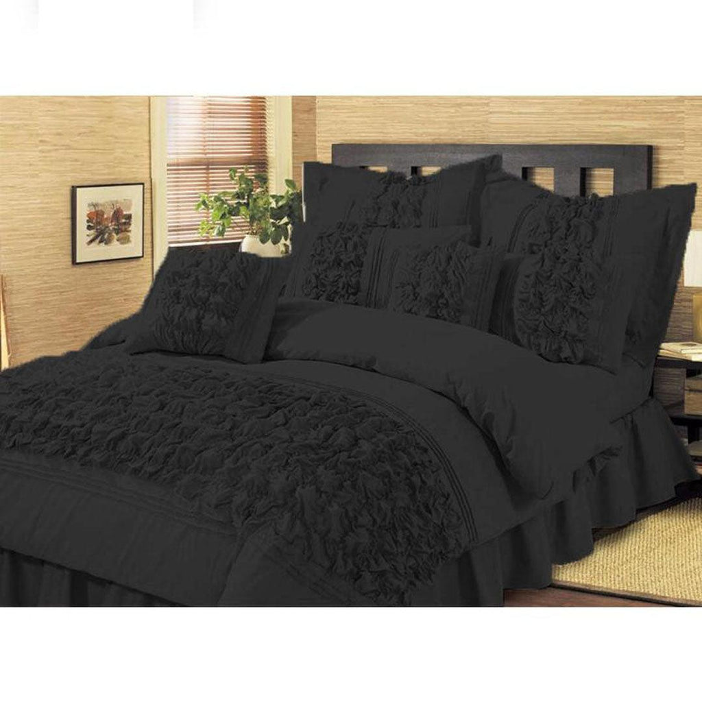 8 Pcs Embellished ruffled Comforter set Black - 92Bedding