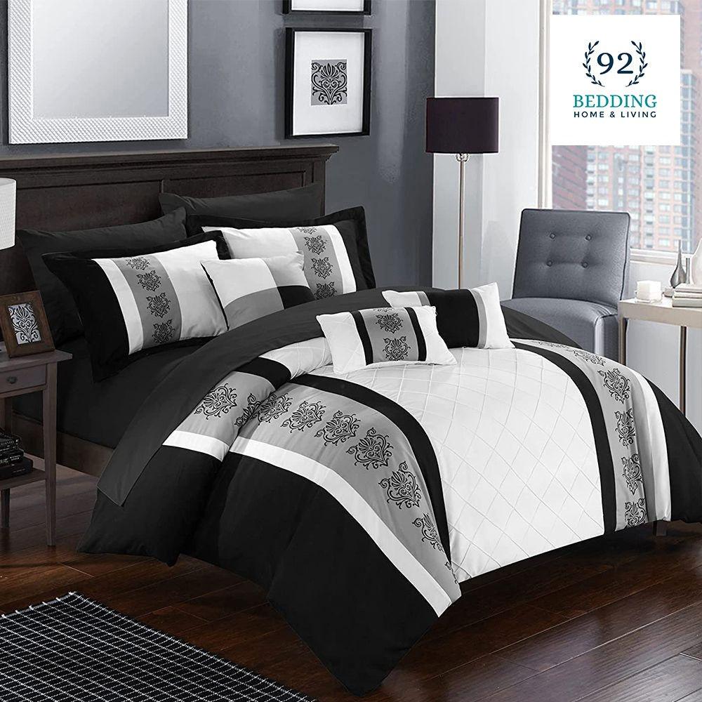 Black and White Embroided Pleated Duvet Set - 92Bedding