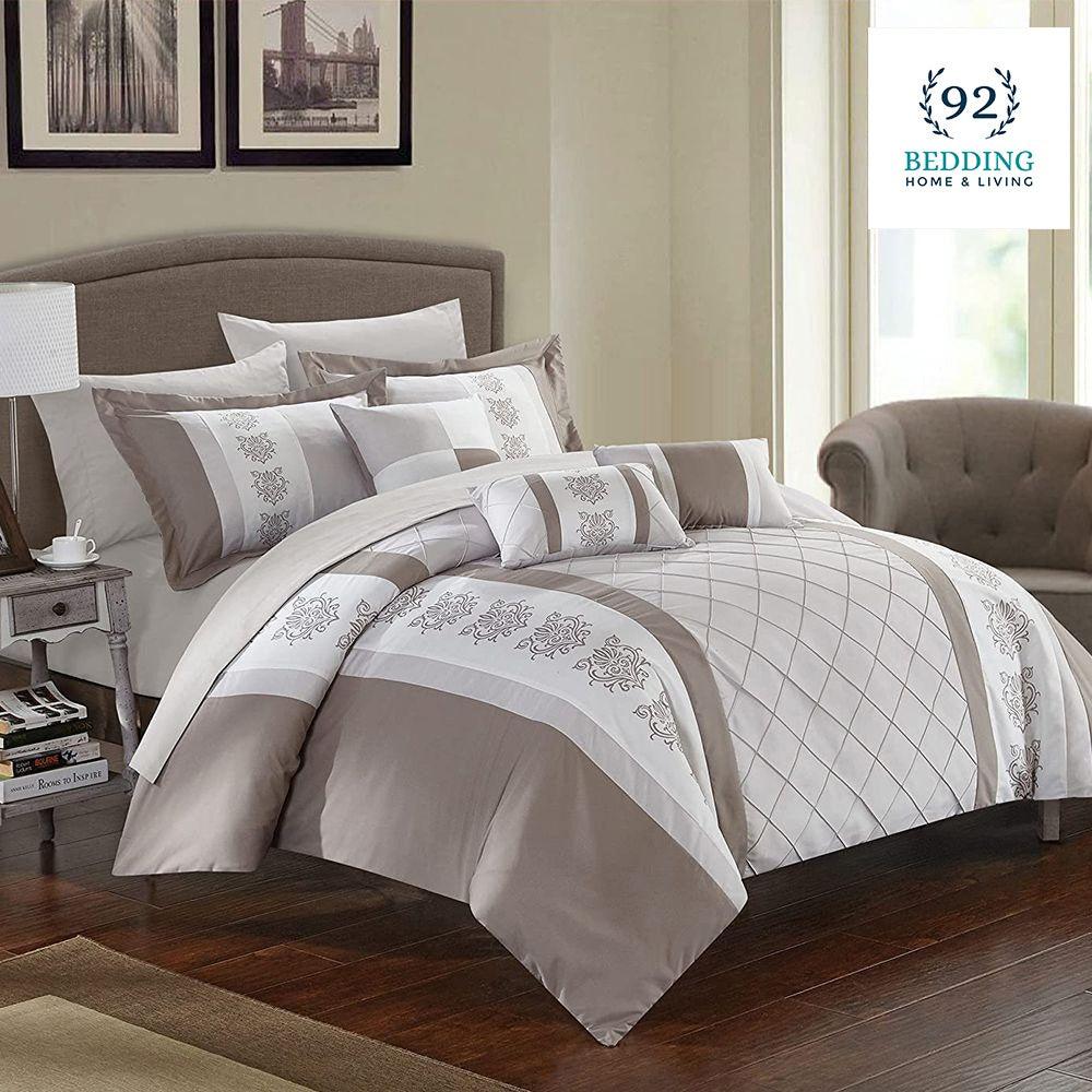 Beige and White Embroided Pleated Duvet Set - 92Bedding