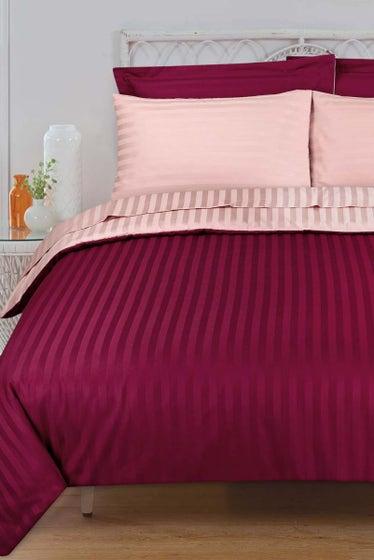 6 Pcs Luxury Tea Pink & Maroon Satin Stripe Duvet Set - 92Bedding