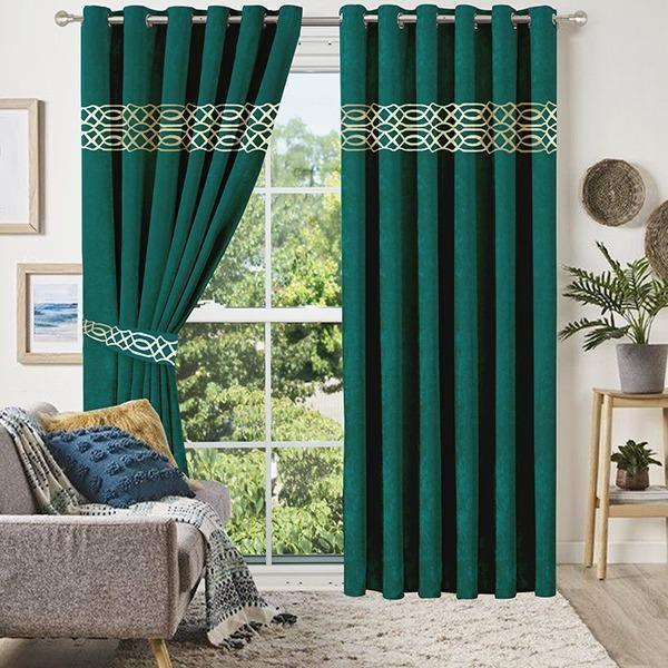 2 Pc's Luxury Velvet Embroidered Curtains With 2 Belts 05 - 92Bedding