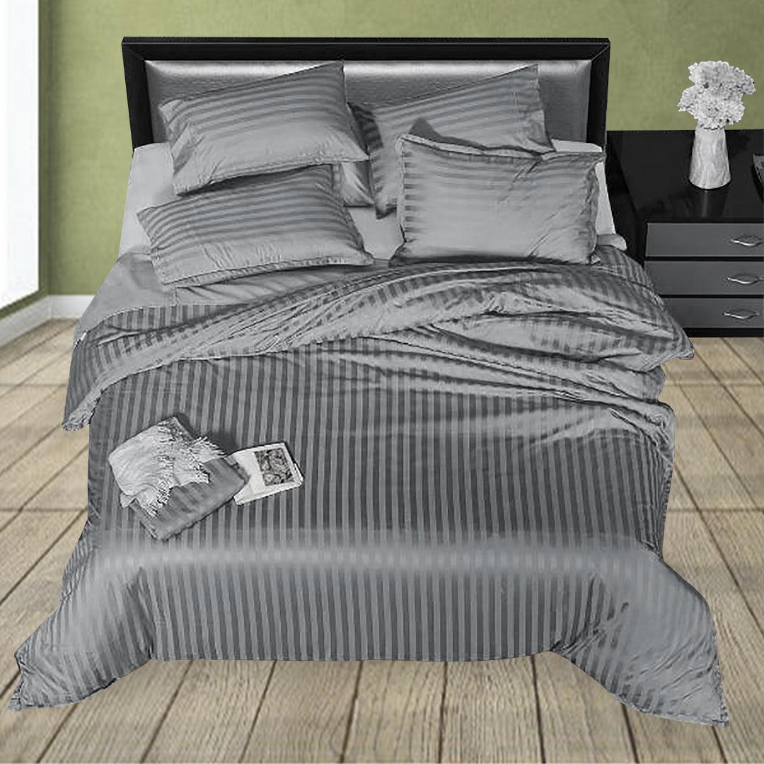 6 Pcs Luxury Grey Satin Stripe Duvet Set - 92Bedding