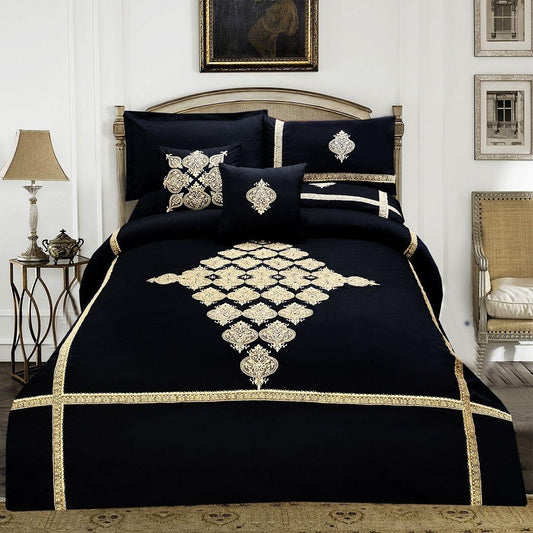 8 pcs Luxury Embroidered Duvet Set Black LED-01 - 92Bedding