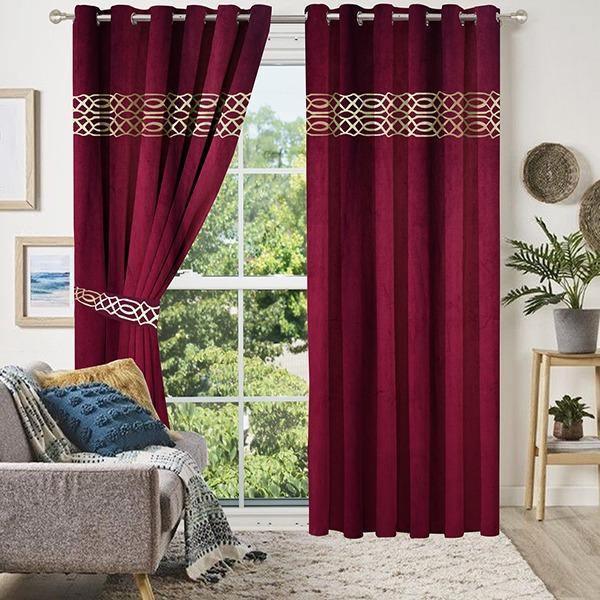 2 Pc's Luxury Velvet Embroidered Curtains With 2 Belts 09 - 92Bedding